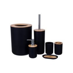 Set de baie, 6 piese, plastic/bambus, negru