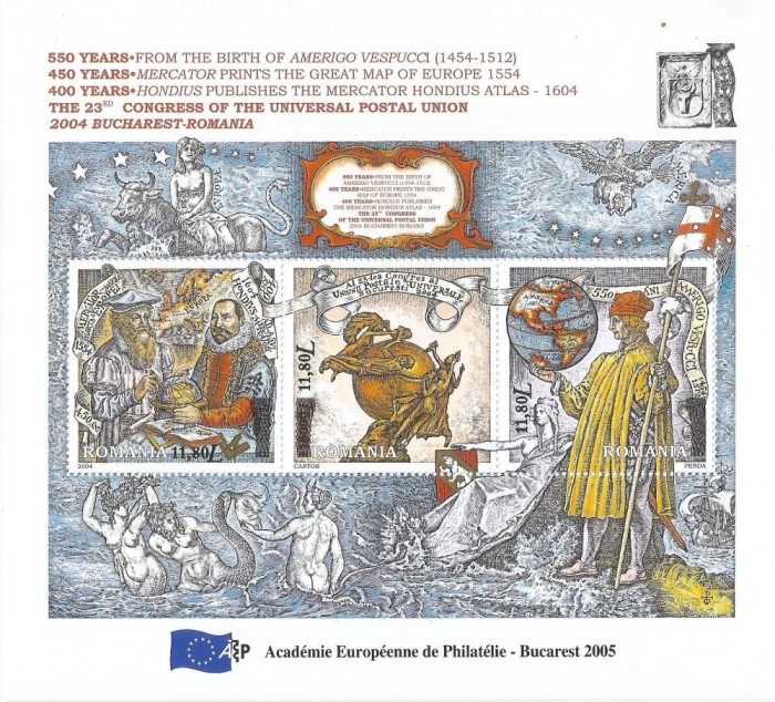 Romania, LP 1693/2005, Ziua Academiei Europene de Filatelie (supratipar), bloc de 3, MNH