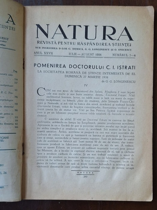 NATURA &ndash; nr. 7&ndash;8 / iulie&ndash;august 1938 &ndash; Longinescu despre C.I. Istrati &ndash; copertă &bdquo;Turtureaua&rdquo;