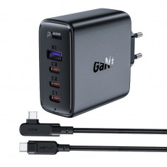 GaN 3xUSB-C/1xUSB-A 100W încărcător de rețea negru + USB-C 100W cablu unghiular de 2 m negru Acefast