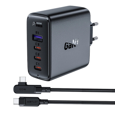 GaN 3xUSB-C/1xUSB-A 100W &amp;icirc;ncărcător de rețea negru + USB-C 100W cablu unghiular de 2 m negru Acefast foto