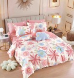 Cumpara ieftin Lenjerie pat dublu,bumbac finet,6 piese,cearceaf cu elastic,alba roz cu floricele-A899, Jojo Home
