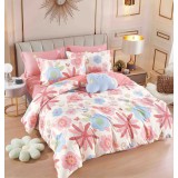Lenjerie pat dublu,bumbac finet,6 piese,cearceaf cu elastic,alba roz cu floricele-A899