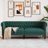 vidaXL Canapea Chesterfield cu 3 locuri, verde &icirc;nchis, material textil