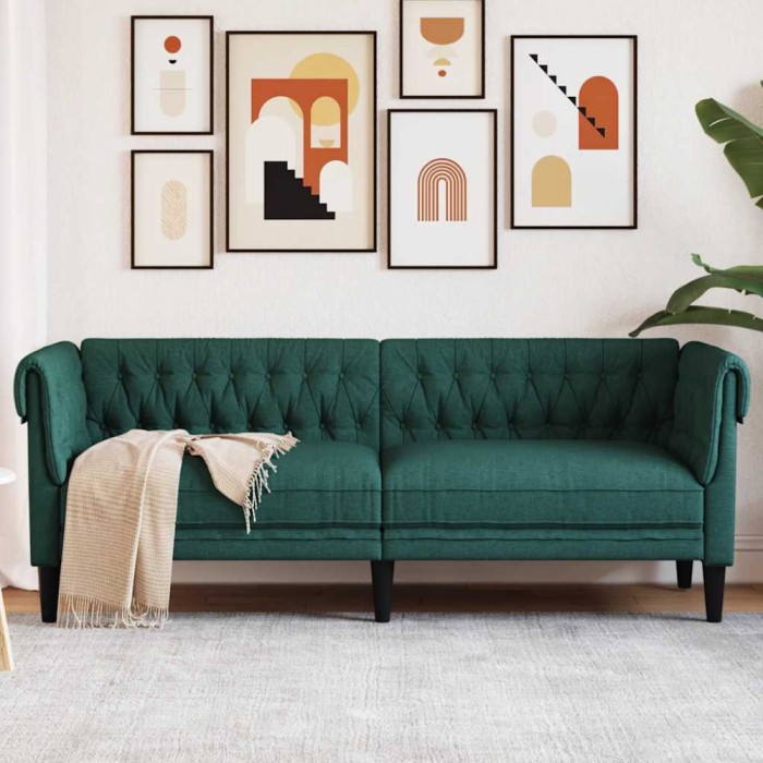 vidaXL Canapea Chesterfield cu 3 locuri, verde &icirc;nchis, material textil