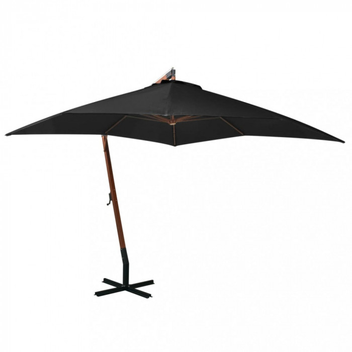 Umbrelă suspendată cu st&acirc;lp, negru, 3x3 m, lemn masiv de brad