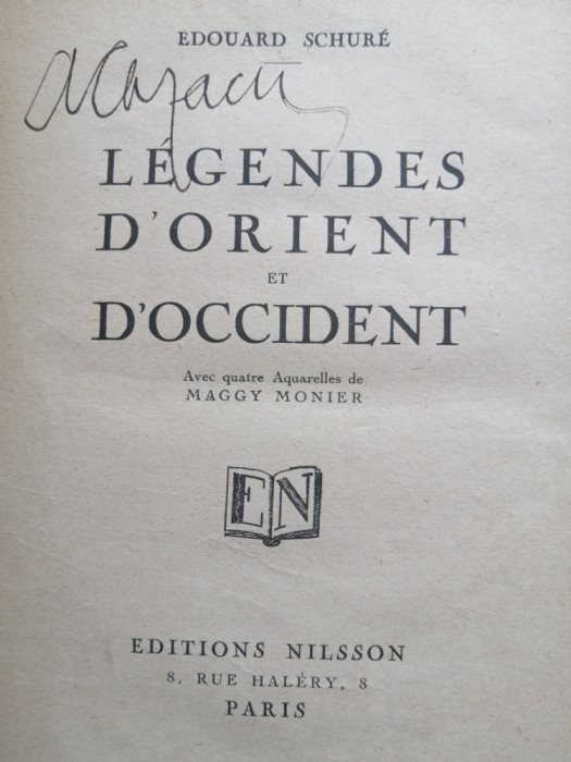 LEGENDES D&#039; ORIENT ET D&#039; OCCIDENT par EDOUARD SCHURE , 1920
