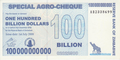 Bancnota Zimbabwe (Agro Cheque) 100.000.000.000 Dolari 2008 - P64 UNC (mai rara) foto