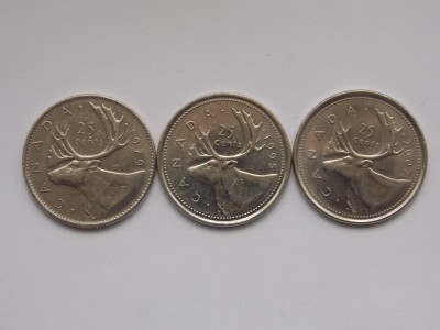 LOT 3 MONEDE DIFERITE 25 CENTS CANADA foto