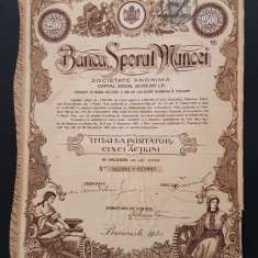 Actiune 1930 Banca Sporul muncei , titlu de 5 actiuni , sporul muncii