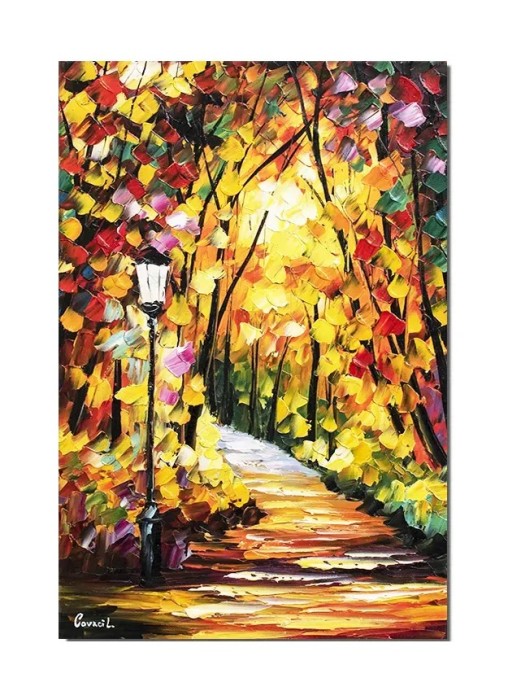 Tablou pictat manual, Pe aleea cu felinar, 60x40cm ulei pe panza in cutit efect 3D