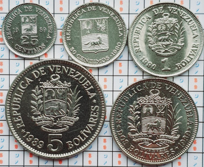 01B22 Venezuela set 5 monede 25, 50 Centimos 1, 2, 5 Bolivares 1989 - 1990 UNC foto