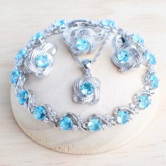 Set bijuterii placate cu argint 925, cu cristale de zirconiu bleu-turcoise