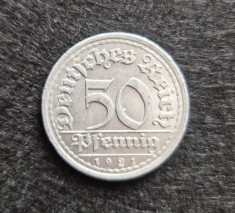 moneda Germania 50 Pfennig 1921 G Republica Weimar km # 27 aluminiu