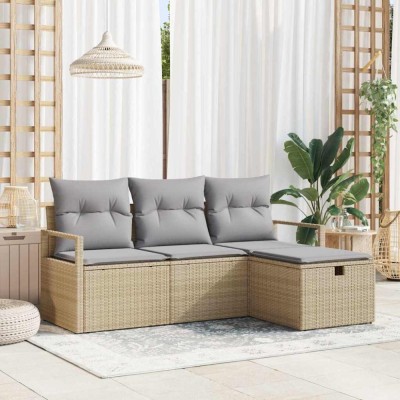 vidaXL Set de canapele pentru grădină cu pernă 4 pcs Bej Rattan poli 3360481 foto