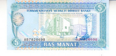 M1 - Bancnota foarte veche - Turkmenistan - 5 manat - 1993 foto