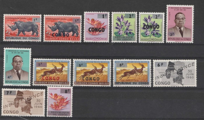 Fauna, flora, antilope, rinocer, Congo ( Kinshasa), supratipar, seria completa de 13 valori, MNH