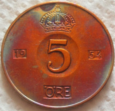 Moneda 5 ORE - SUEDIA, anul 1954 *cod 422 - patina curcubeu! foto