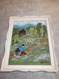 Tablou inramat pictura ulei pe placaj arta naiva primitiva Suedia 1974 peisaj de padure cu baiat baieti si iepure