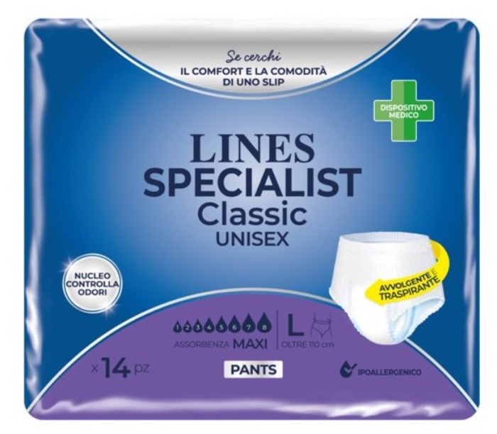 Scutece pentru adulti tip chilot Lines Specialist Classic Maxi, 8 picaturi, marimea L, 14 bucati, unisex
