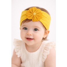 Bentita lata galben mustar pentru bebeluse cu floare aplicata