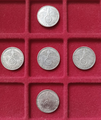 5 monede germania argint 2 marci Reichs mark 1936 D RAR foto