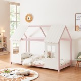 Pat casuta copii design semi deschis Tostedt 90x200 cm brad roz/alb [en.casa] HausGarden Leisure