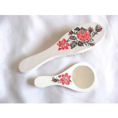Set cu model floral stilizat, set oglinda si perie cu flori rosii 29507