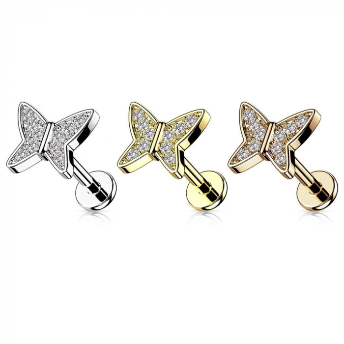 Piercing pentru buză și bărbie din oțel - fluture cu zirconii transparente, filet interior, 8 mm - Culoare: Auriu