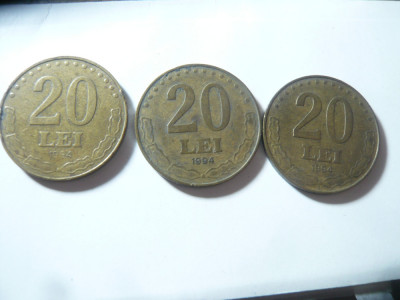 3 Monede 20 lei 1994 , bronz , 2Xcal. Buna, 1cal.slaba foto
