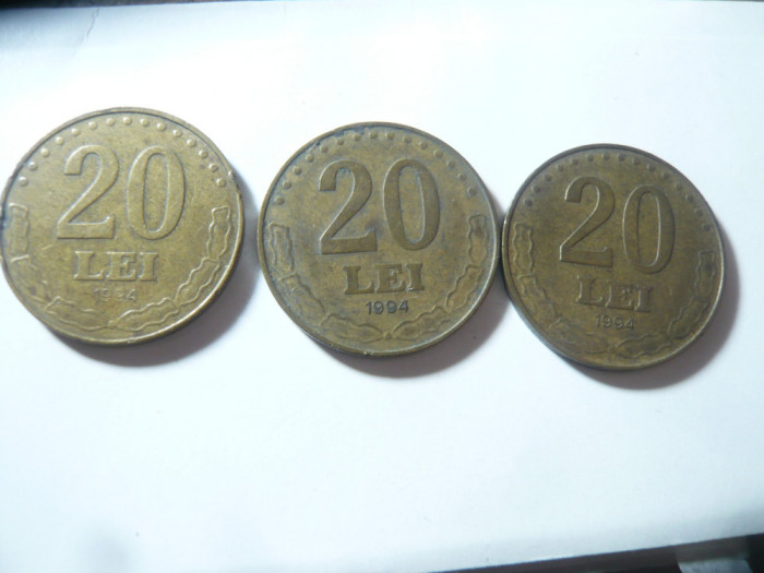 3 Monede 20 lei 1994 , bronz , 2Xcal. Buna, 1cal.slaba