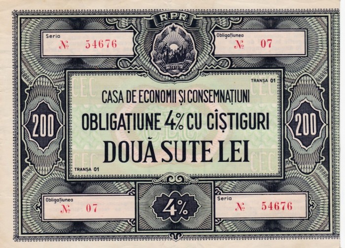 OBLIGATIUNE CEC R.P.R.DOUA SUTE LEI