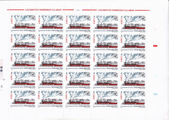 TREN,LOCOMOTIVE CU ABUR,MINICOALA 25 TIMBRE,2002 MNH ** ROMANIA.