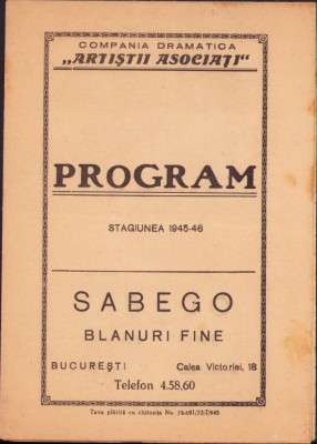 HST P2/735 Compania dramatică Artiștii asociați program stagiunea 1945-1946 foto