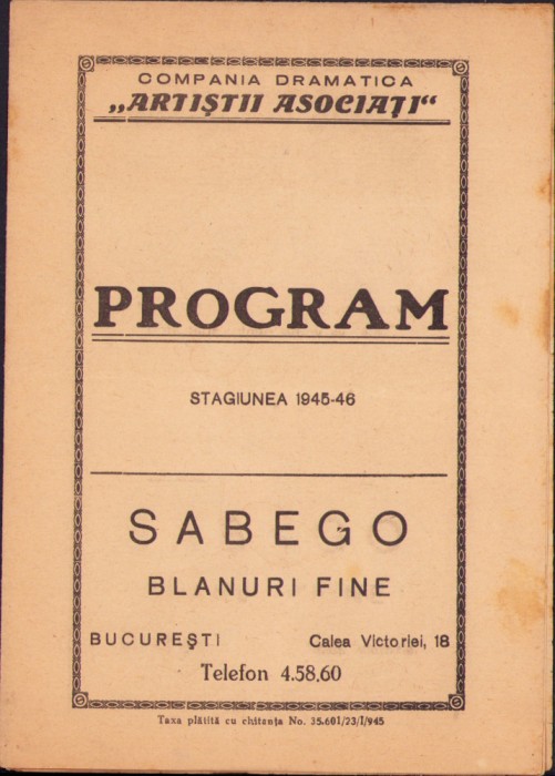 HST P2/735 Compania dramatică Artiștii asociați program stagiunea 1945-1946