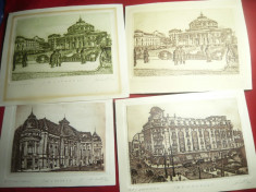 Set 6 Gravuri - Cladiri reprezentative din Bucurestiul vechi ,L=16-19cm ,l=12,5- foto