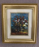 Tablou vas cu flori, ulei pe carton, mic, rama, paspartu, semnat, sicla, 20,5 x 18 cm