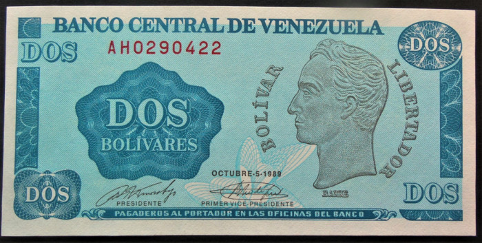 BANCNOTA EXOTICA 2 BOLIVARES - VENEZUELA, anul 1989 *cod 550 = UNC