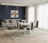 Set masa living si bucatarie extensibila SB Fan, MDF Furniruit, 100-133,5x99x74 cm si 4 scaune SB Tim, lemn masiv, tapiterie stofa, lacuit, 120 kg, al