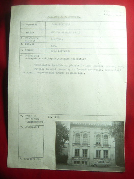 Fisa-Monografie - Casa Lipitzer cca.1864 Bucuresti ,cu fotografie orig