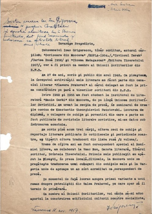 A3497N Ioan Grigorescu, semnătura olografă, 1957, Varșovia