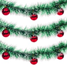Beteală Crăciun, Jumbo, Cu 12 Globuri Roșii Suspendate, Verde Alb, 2.1m x 10cm, Plastic