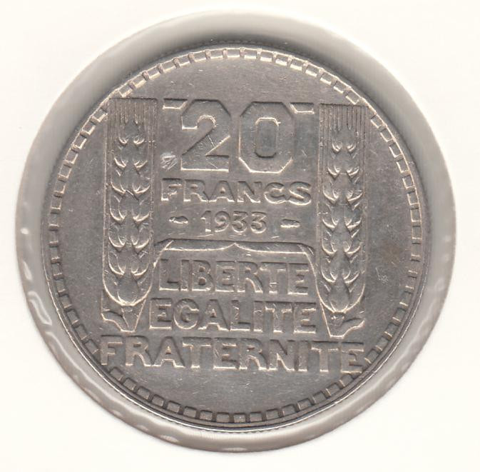 FRANTA -20 FRANCS FRANCI 1933 , Ag680 , LF1,40