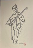 Lucrare grafică Al. Tipoia (1914 - 1993), C&acirc;ntăreață la mandolină, tuș pe carton subțire, 29 x 21 cm, artist roman / arta romaneasca