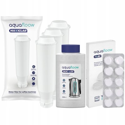 Kit intretinere espressor, Aquafloow, Compatibil cu Krups, 3 x Filtru apa, Solutie decalcifiere, 10 x Tableta curatare foto