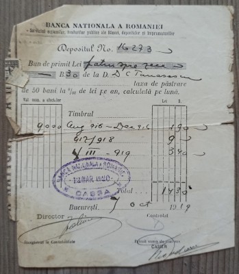 Chitanta Banca Nationala a Romaniei 1919 foto