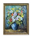 Cumpara ieftin Tablou flori pictat manual inramat, Margarete si maci in vas bleu, 55x45cm ulei pe panza, rama din lemn, Stefan Bilibou