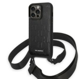 Husa iPhone 14 Pro Karl Lagerfeld Hardcase cu snur, Monogram Plaque Logo, negru, KLHCP14LSTMMK