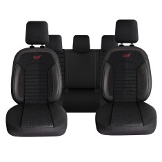 Set Huse Scaune Auto Panda PSC03, material textil cu piele ecologica, cu fermoare pentru bancheta rabatabila, negru cu insertii rosii, 11 piese Automo foto