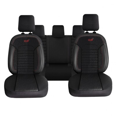 Set Huse Scaune Auto Panda Belek, material textil cu piele ecologica, cu fermoare pentru bancheta rabatabila, negru cu insertii rosii, 11 piese foto